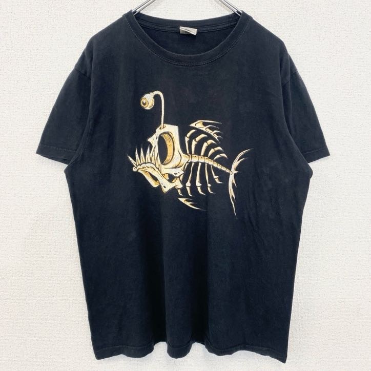 古着 used Stedman 半袖デザインプリントTシャツ スケルトン 魚 骨 Fish bone 黒 Lサイズ拍卖