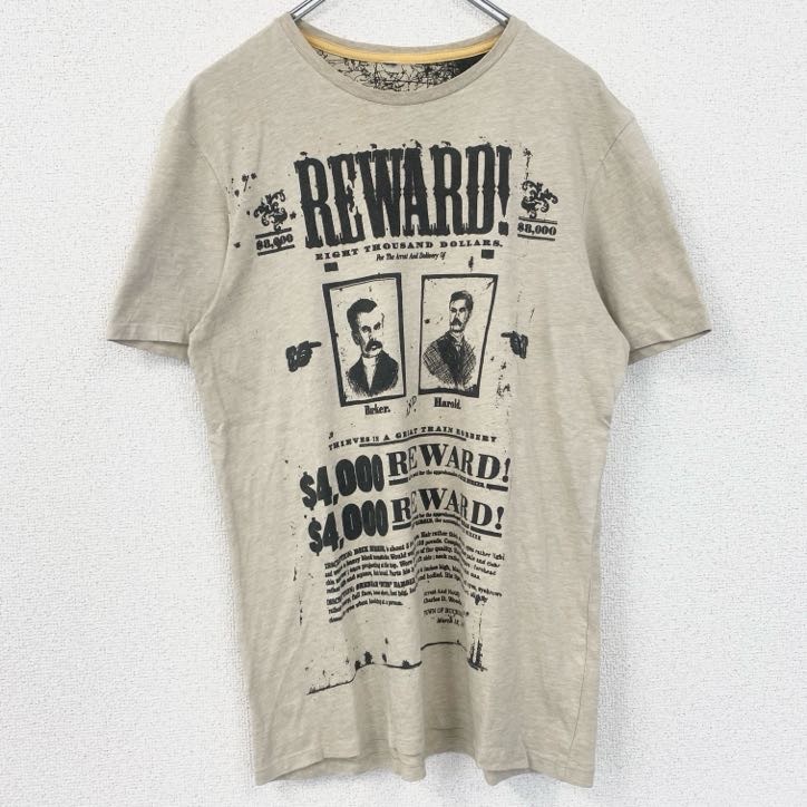古着 used 半袖プリントTシャツ クルーネック レトロデザイン ベージュ 懸賞金 REWARD アメカジ 夏服 拍卖