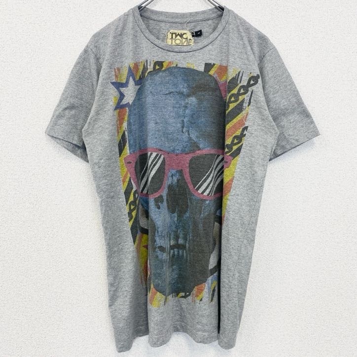 古着 used TWO TONE 半袖プリントTシャツ ドクロ スカル ビッグプリント レトロデザイン グレー Lサイズ拍卖