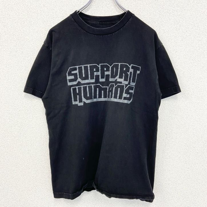 古着 used SUPPORT HUMANS 半袖プリントロゴTシャツ 黒 ブラック レトロ カジュアルデザイン Mサイズ拍卖
