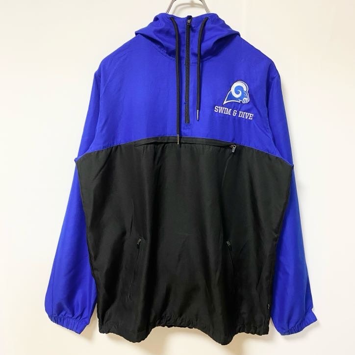 古着 used PENNANT 長袖ナイロンプルオーバー ハーフジップパーカー バック刺繍 ライトアウター 黒 青 XSサイズ拍卖