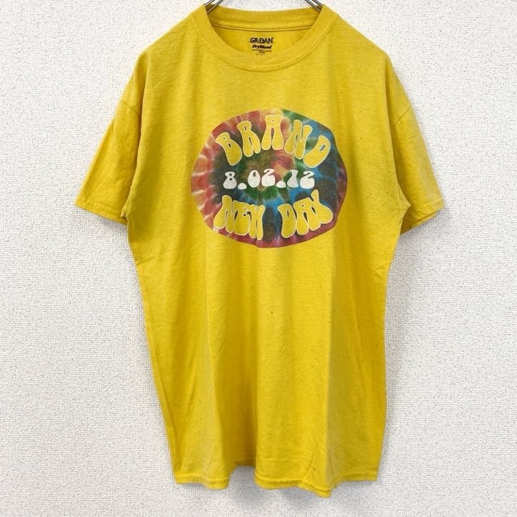 古着 used GILDAN ギルダン 半袖プリントTシャツ クルーネック レトロデザイン 黄 イエロー Mサイズ拍卖