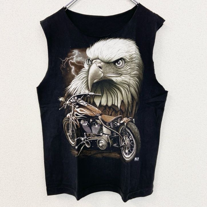 古着 used タンクトップ ノースリーブス WiLD ワシ バイク エンジン モーターサイクル アニマル 黒 ブラック拍卖