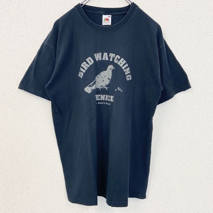 古着 used FRUIT OF THE LOOM 半袖アニマルプリントTシャツ 鳥 レトロ クルーネック 黒 ブラック Mサイズ拍卖