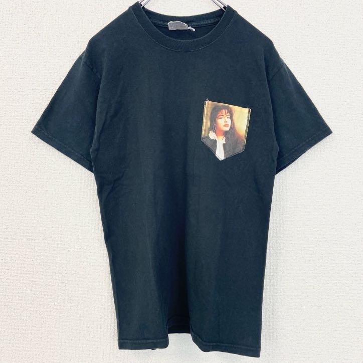 古着 used 半袖プリントワンポイントTシャツ 胸ポケット レトロデザイン クルーネック 人物 女性 黒 ブラック拍卖