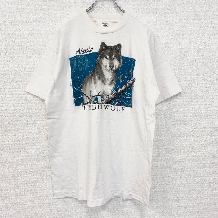 古着 used 90s 半袖アニマルプリントTシャツ ホワイト 白 動物 オオカミ ウルフ シングルステッチ XLサイズ拍卖