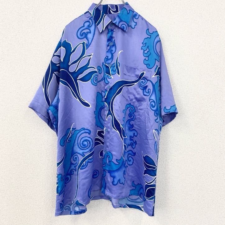 古着 used 半袖総柄シャツ 胸ポケット 和柄 和雲 雲煙模様 レトロデザイン 青 ブルー ディープカラー拍卖