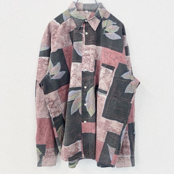 古着 used 長袖プリント柄シャツ 総柄 リーフ ボタニカル柄 胸ポケット レトロデザイン 幾何学模様 Lサイズ拍卖