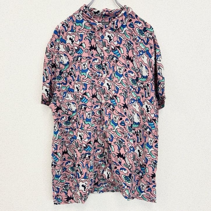古着 used PRIMARK 半袖プリント総柄シャツ レトロデザイン アロハ お化け ゴースト アニマル ピンク XLサイズ拍卖