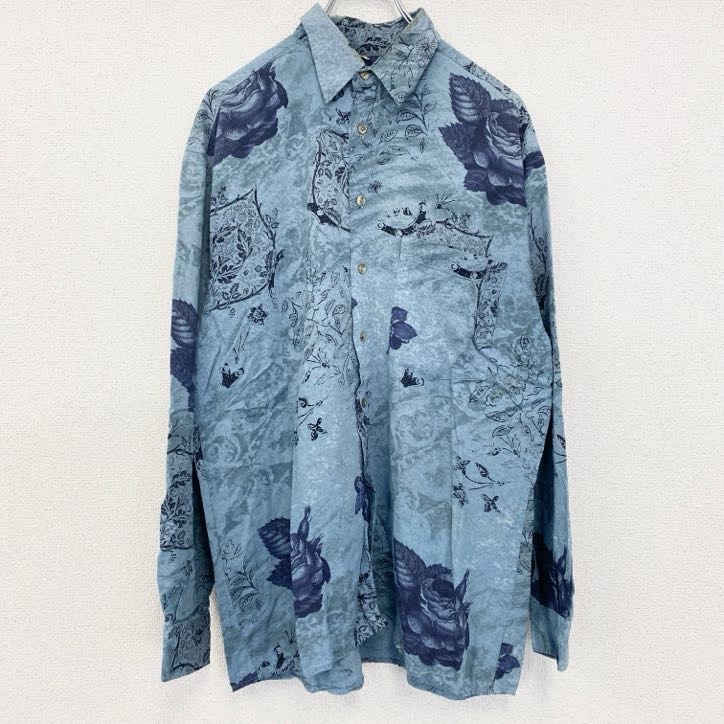 古着 used B.w.MOSS 長袖プリント総柄シャツ レトロデザイン 幾何学模様 バラ 植物 花 ライトブルー 拍卖