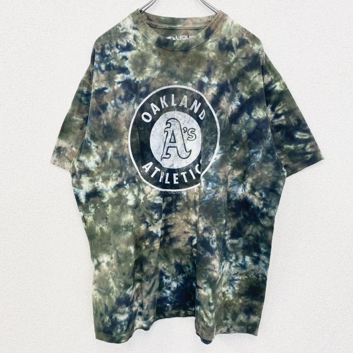 古着 used 半袖ロゴプリントTシャツ アスレチックス プロ野球 ATH MLB タイダイ グリーン XLサイズ拍卖