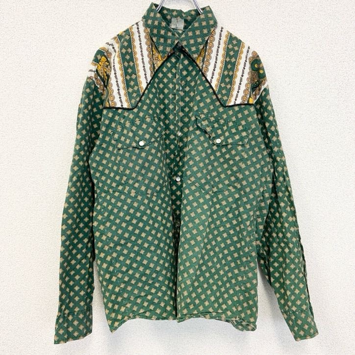 古着 used 長袖プリント総柄シャツ レトロデザイン 胸ポケット ウエスタン カントリー 緑 グリーン イエロー拍卖