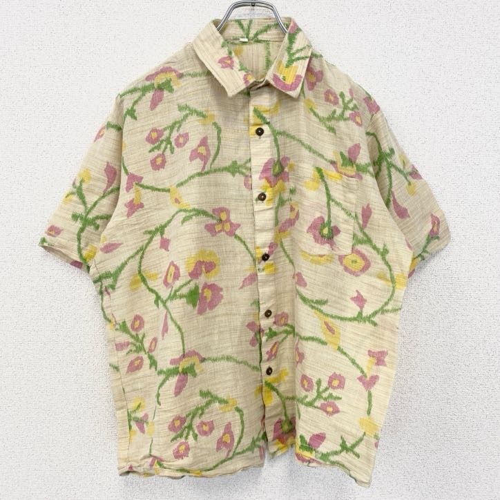 古着 used 半袖プリント総柄シャツ レトロデザイン 葉っぱ 草 リーフ 胸ポケット 植物 ベージュ XLサイズ拍卖