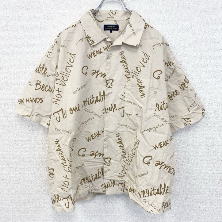 古着 used SPLENDID スプリンテッド 半袖プリント総柄シャツ レトロデザイン 英字 開襟 クリーム Lサイズ拍卖