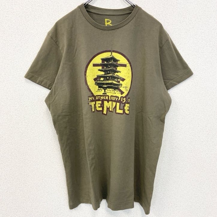 古着 used 半袖プリントTシャツ TEMPLE 寺 和風 クルーネック レトロデザイン カーキ オリーブカラー Lサイズ拍卖