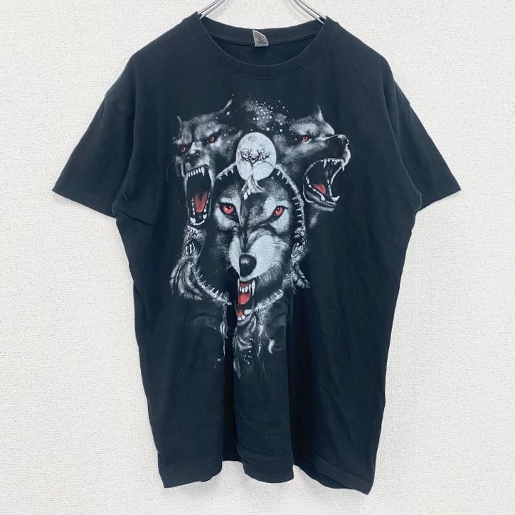 古着 used 半袖アニマルプリントTシャツ 狼 グラフィック ウルフ レトロデザイン クルーネック 黒 ブラック Lサイズ拍卖
