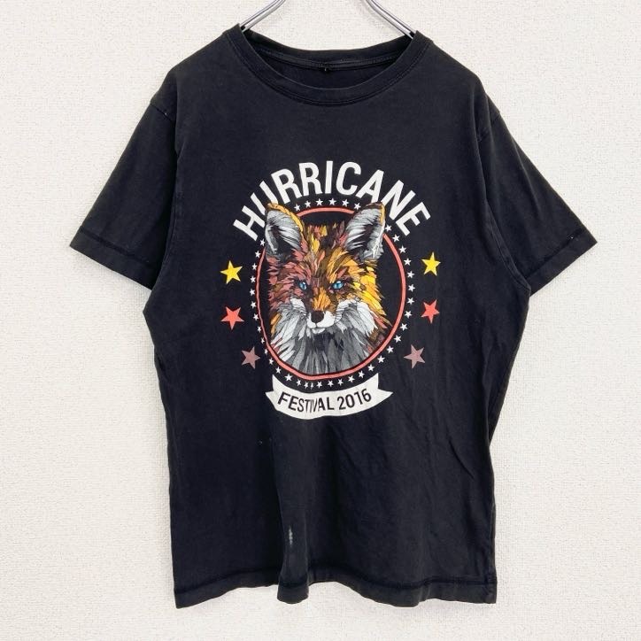 古着 used 半袖アニマルプリントTシャツ 狐 キツネ バックプリント レトロデザイン クルーネック 黒 ブラック Lサイズ拍卖