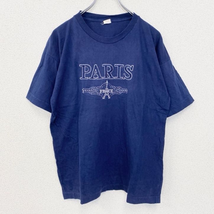 古着 used 90s 半袖プリントTシャツ 刺繍 ステッチ シングルステッチ シンプル 紺 ネイビー XLサイズ拍卖