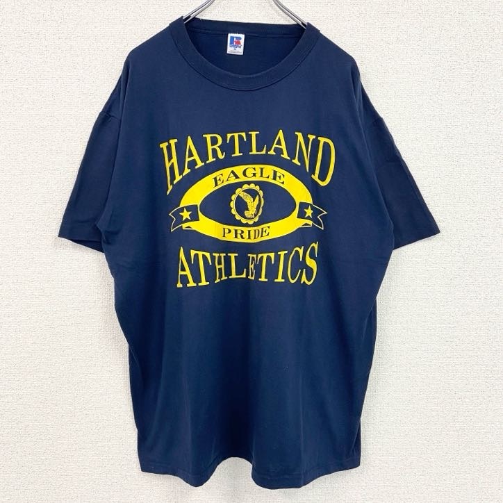 古着 used RUSSELL ラッセル 半袖プリントTシャツ レトロ クルーネック シングルステッチ ネイビー XLサイズ拍卖