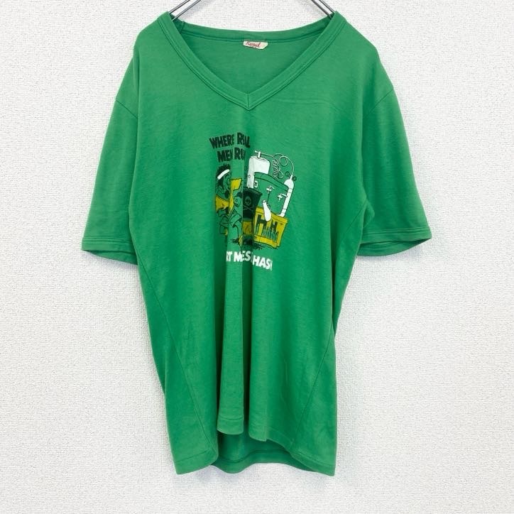 古着 used 半袖プリントTシャツ レトロデザイン クルーネック シングルステッチ 90s ポートモレスビー 緑 グリーン拍卖