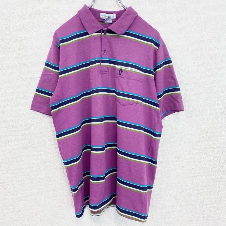 古着 used ペンギンクラブ 半袖ポロシャツ ストライプ USA製 レトロデザイン シングルステッチ 紫 パープル Mサイズ拍卖