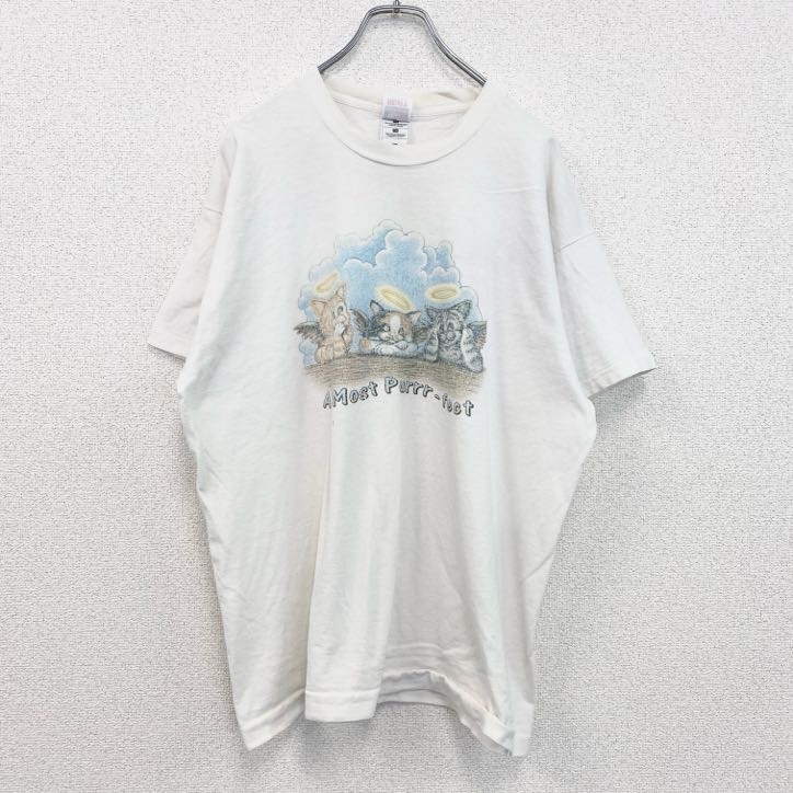 古着 used フルーツオブザルーム 半袖アニマルプリントTシャツ 猫 キャット シングルステッチ XLサイズ拍卖