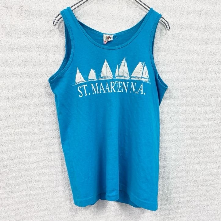 古着 used FRUIT OF THE LOOM タンクトップ レトロデザイン クルーネック 船 青 ブルー Mサイズ拍卖