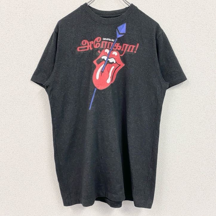 古着 used ローリングストーンズ 半袖バンドプリントTシャツ レトロデザイン クルーネック 口 舌 黒 ブラック Mサイズ拍卖