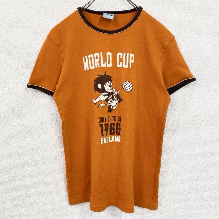 古着 used Logoshirt 半袖プリントリンガーTシャツ イギリスワールドカップ ライオン サッカー オレンジ拍卖