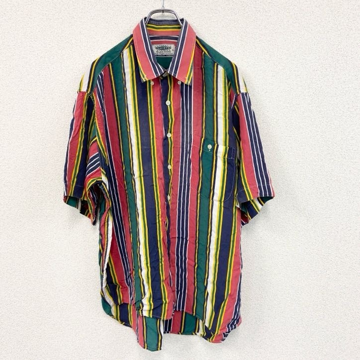 古着 used 半袖プリントシャツ ストライプ 胸ポケット レッド グリーン ネイビー イエロー カラフル サイズ拍卖