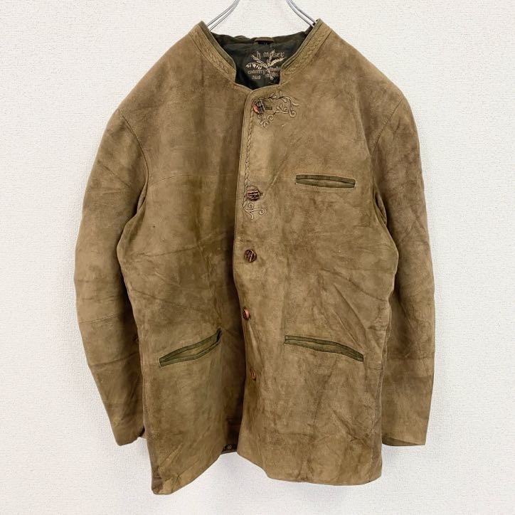 古着 used h-moser チロリアンレザージャケット レザーコート マオカラー 刺繍 ブラウン 54サイズ拍卖