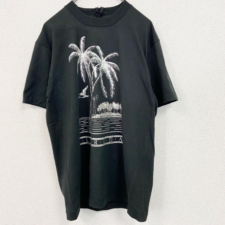 古着 used ~90s 半袖プリントTシャツ ヤシの木 ヴィンテージ シングルステッチ バックジップデザイン 黒 ブラック拍卖