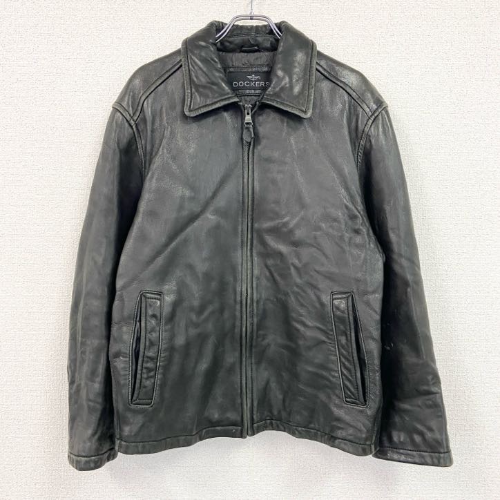 古着 used 90s DOCKERS ドッカーズ レザージャケット/革ジャン シングルライダースジャケット 黒 ブラック XLサイズ拍卖