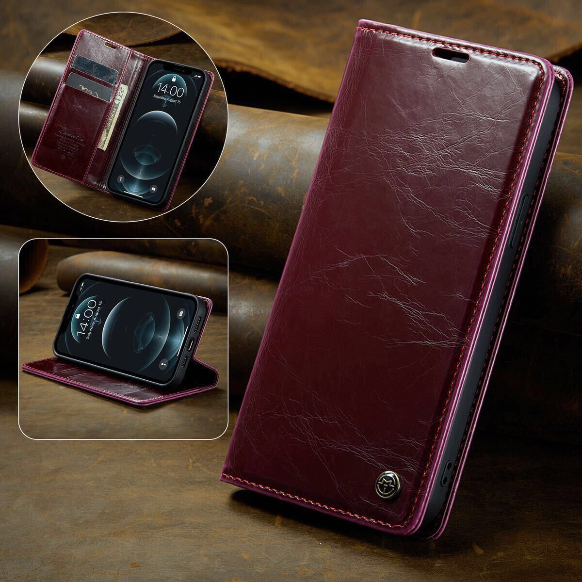 iPhone13 pro max レザーケース アイフォン13 プロ マックス カバー カード収納 手帳型 ワイン拍卖