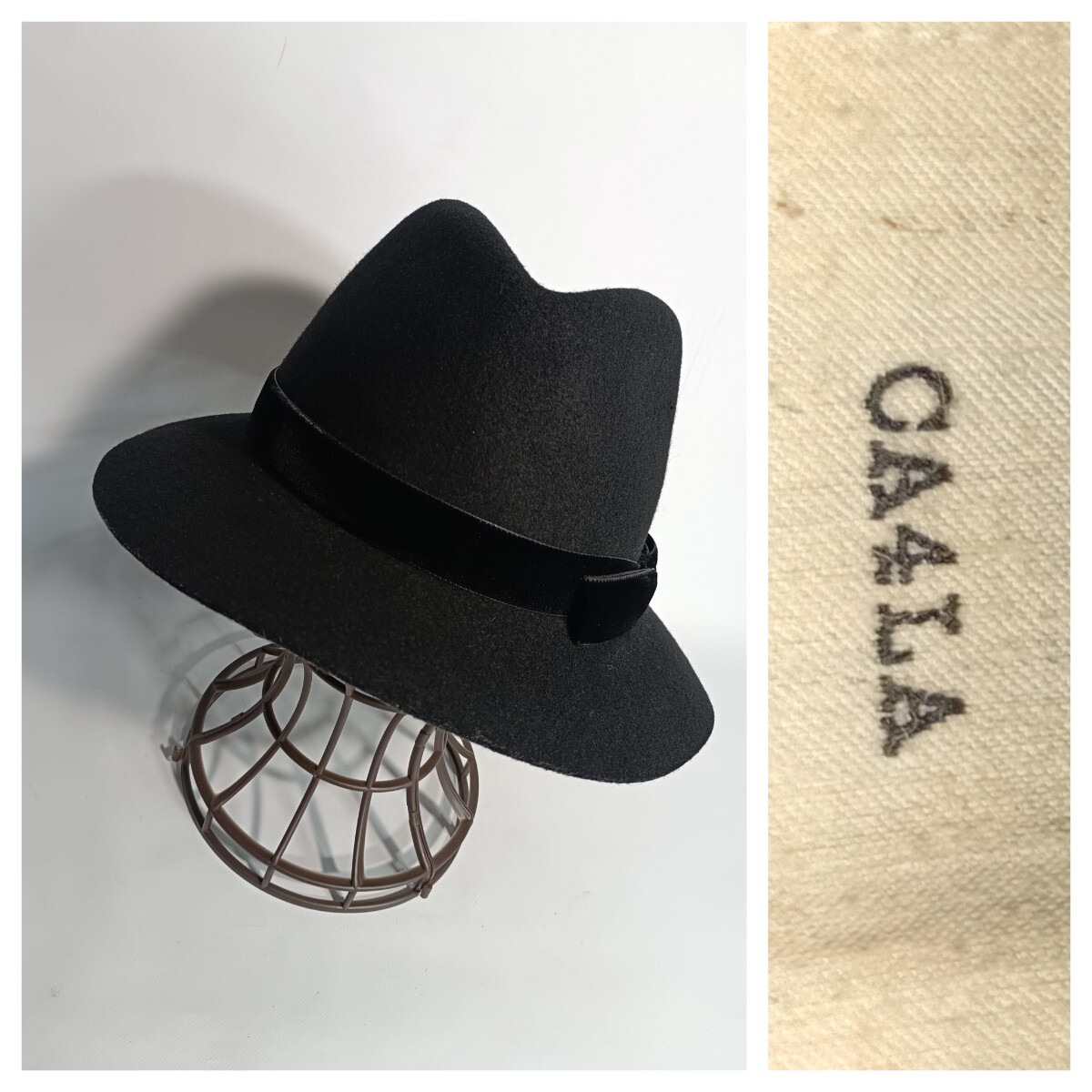 CA4LA カシラ 日本製 ウールフェルト 黒リボン フェドラハット 帽子 クラシックハット 黒 ブラック 中折れ山高帽拍卖