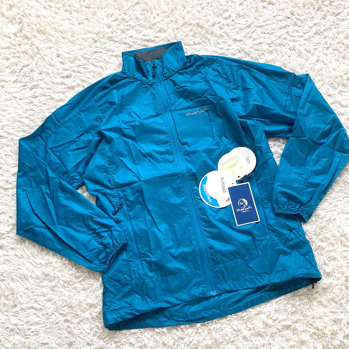 新品 未使用 whole earth ホールアース 薄手 撥水 ウィンドジャケット レディースM ブルー 青 秋 ポケッタブル ストレッチ 女性 登山 拍卖