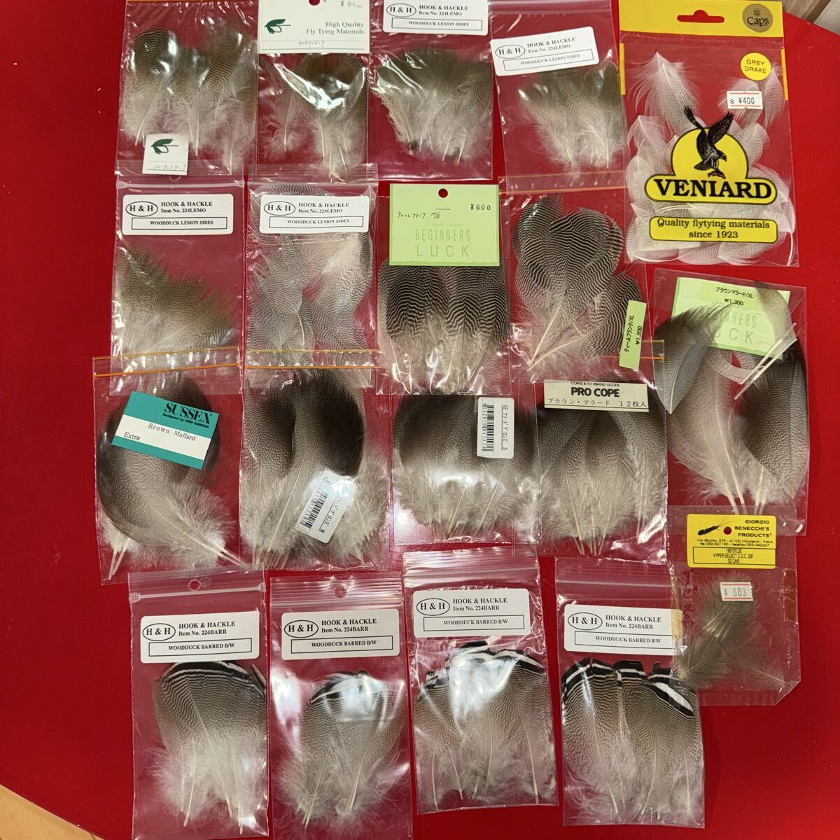 フライマテリアル 羽根セット 19袋 HOOK&HACKLE他 タイイング用 ブラウンマラード レモンウッドダック拍卖