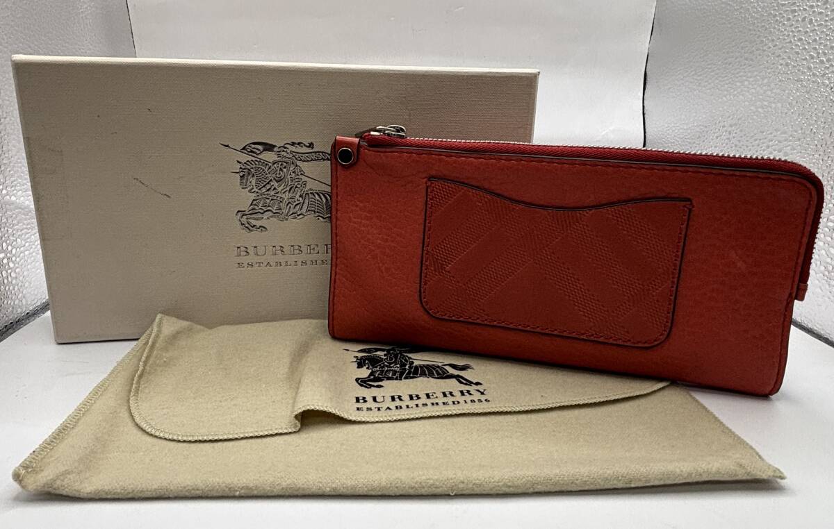 【中古】バーバリー ロングウォレット タータンチェック 赤革 箱付き拍卖