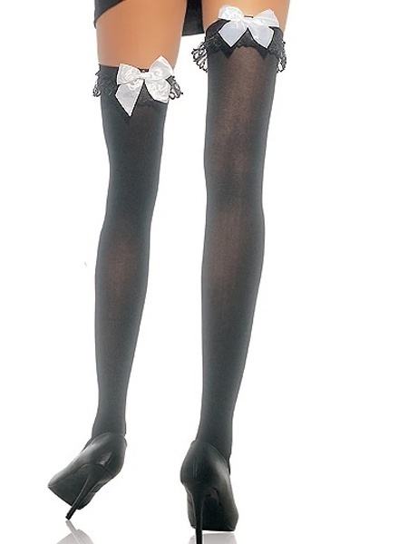 ST6262-BW◆レッグアベニュー ニーハイストッキング サテンリボン&フリルトップ 黒×白 ワンサイズ(M-L) 新品拍卖