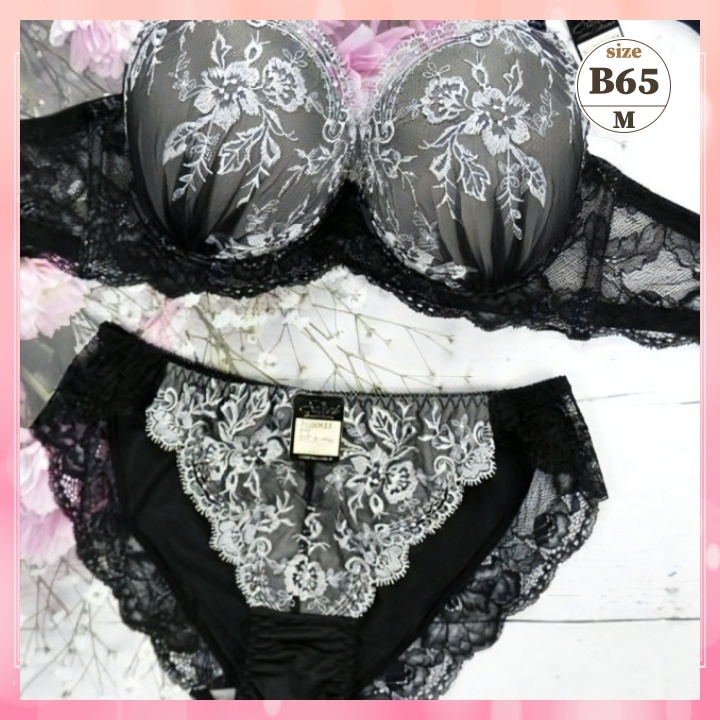 Zb6504◆新品 ブラショーツセット 【B65/M】下着 ランジェリー 丸胸 モノクロームアーチ刺繍 黒拍卖