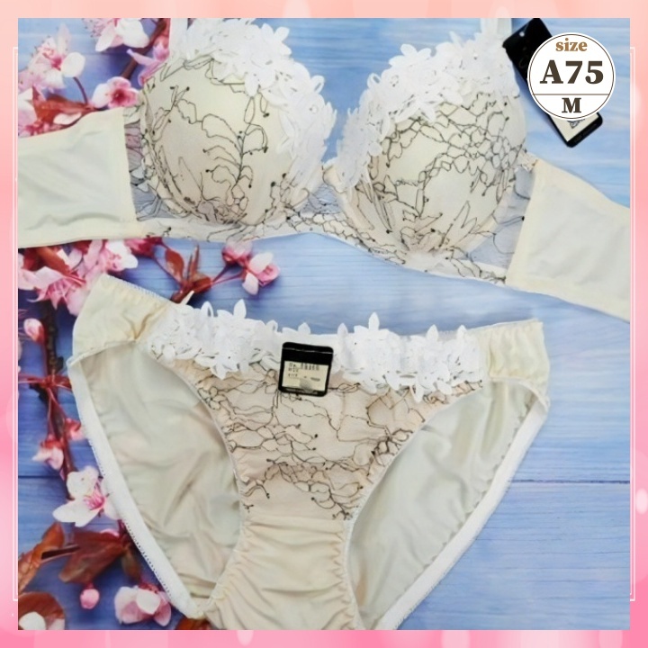 Za7511◆新品 ブラショーツセット【A75/M】下着 ランジェリー 脇高 谷間メイク 線画リーフ クリーム拍卖