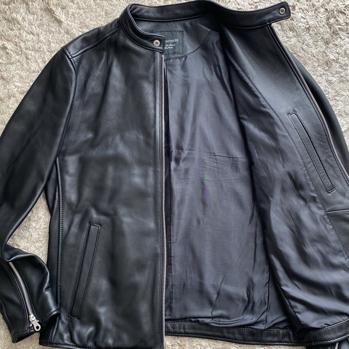 極美品●Lサイズ●nano universe ナノユニバース レザージャケット ライダース ブルゾン ラムレザー 羊革 ダブルジップ 黒 ブラック 1円拍卖