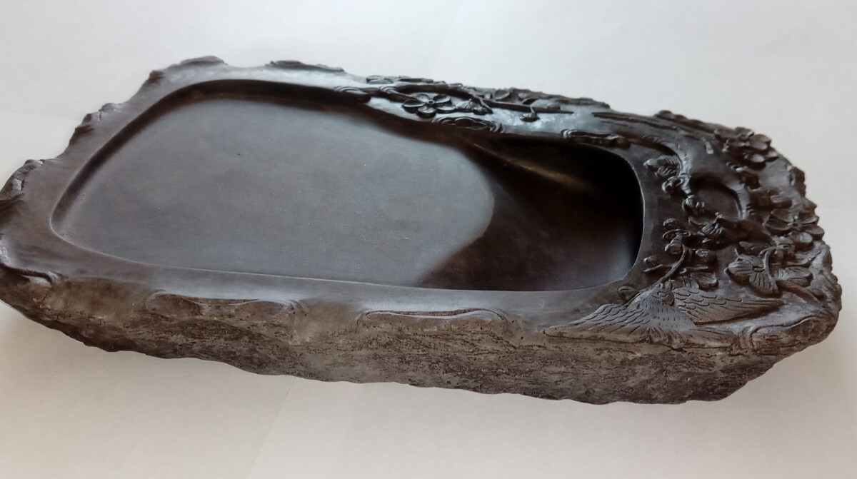 硯 硯12.5×18cm位 箱14.5×20cm位 紫檀箱 1193g位/箱込 彫刻 美術品拍卖