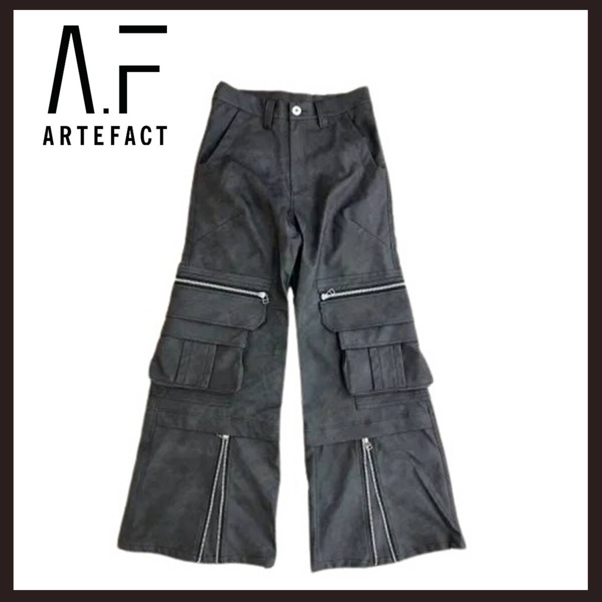 ●○新品未使用 A.F ARTEFACT (エーエフアーティファクト) シンセティックレザー カーゴ ジップバギーパンツ 2 ブラック○●拍卖