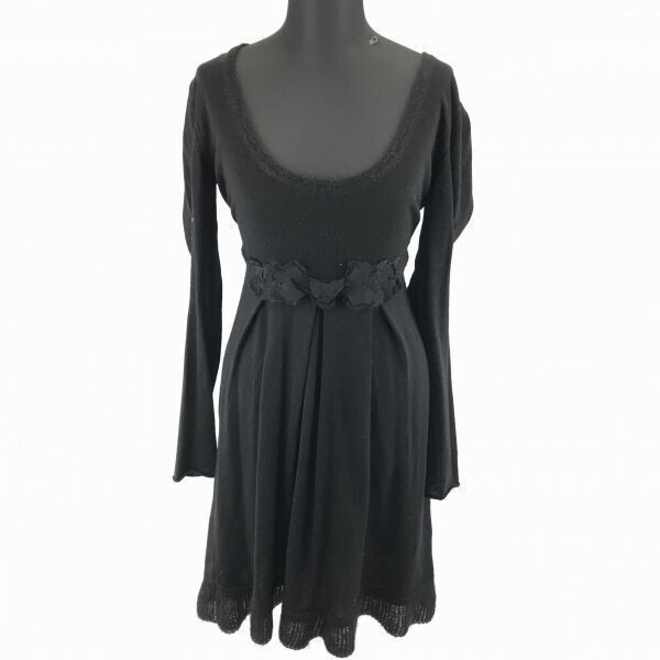 マックス&コー/MAX&CO★ウエストリボン/ニットワンピース【L/黒】長袖/膝丈/デコルテ◆※家G拍卖