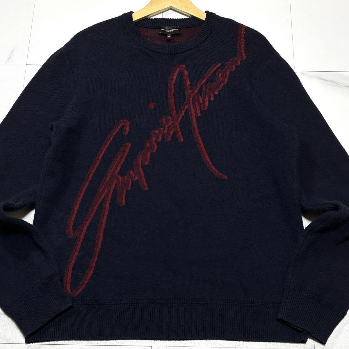 希少/ XLサイズ EMPORIO ARMANI エンポリオ アルマーニ ニット セーター ブランドロゴ 筆記体 ウール ネイビー拍卖