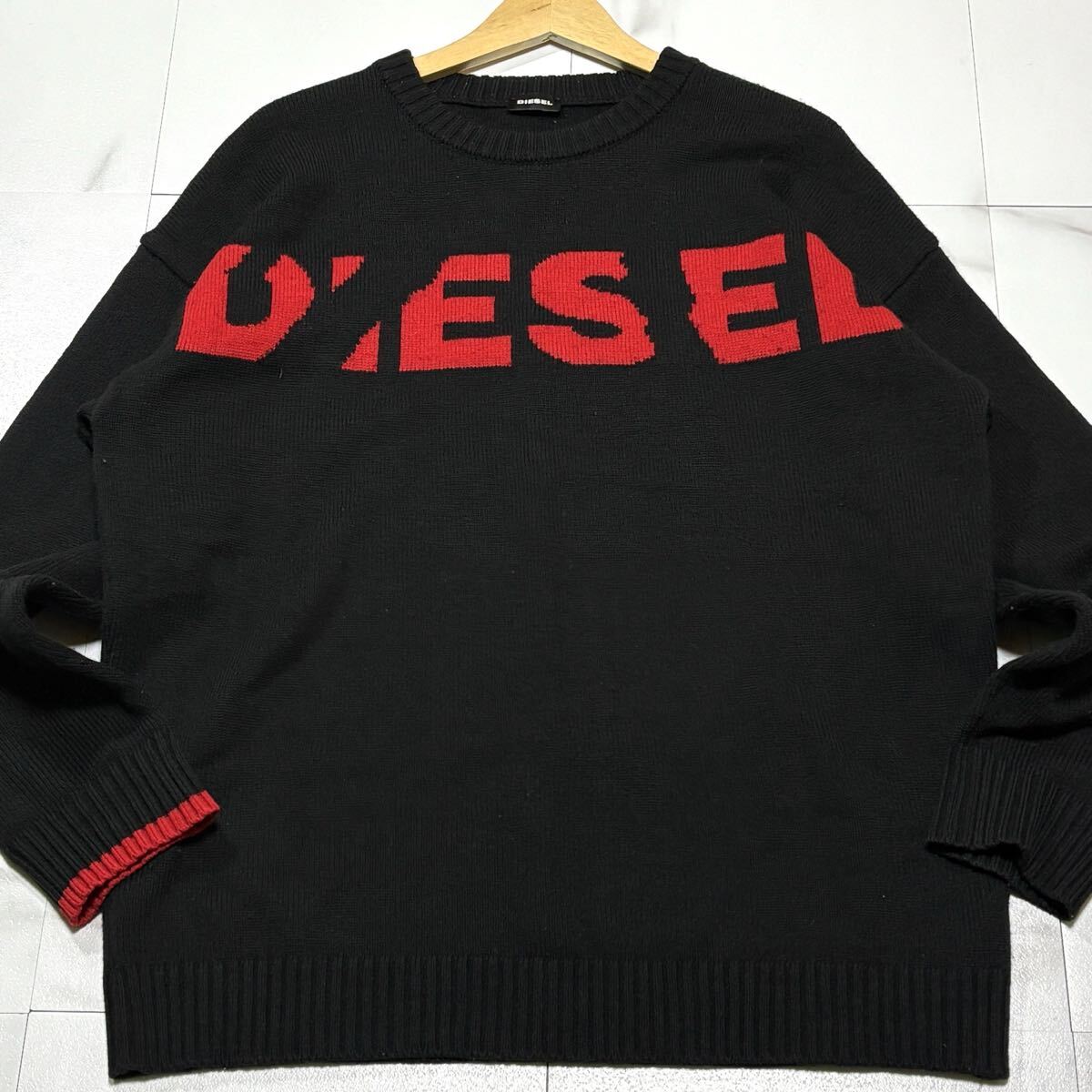 美品/ XLサイズ相当 DIESEL ディーゼル ニット セーター デカロゴ 編み込み 肉厚 ビッグシルエット ブラック 黒拍卖