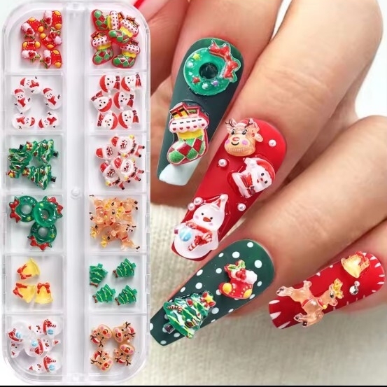 クリスマス デコレーションパーツ ケース入り ネイルパーツ デコパーツ ネイルアート パーツ 素材 アクセサリー作り サンタ スノーマン拍卖