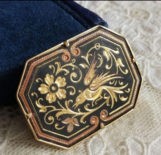 スペイン ダマスキナード 象嵌細工 鳥 花柄 ブローチ オクタゴン ヴィンテージ拍卖