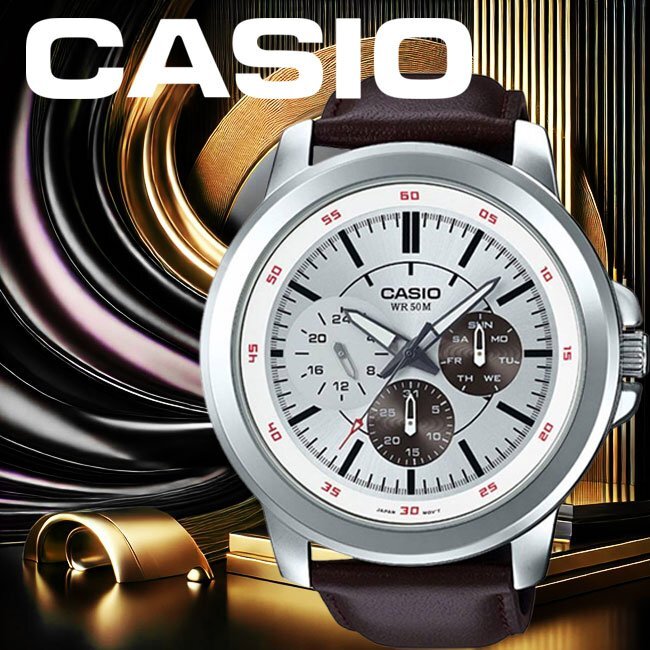 新品1円 逆輸入カシオ 入手不可能 インパクトあるビッグサイズ 精悍シルバーフェイス 50m防水 本革ベルト マルチファンクション 腕時計拍卖